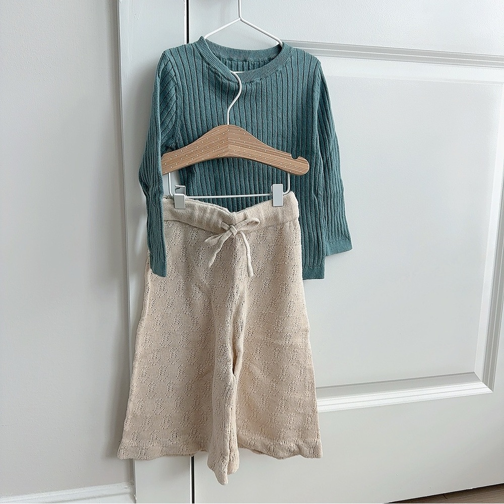 Teal Ribbed Sweater and Cream Knit Pants Set